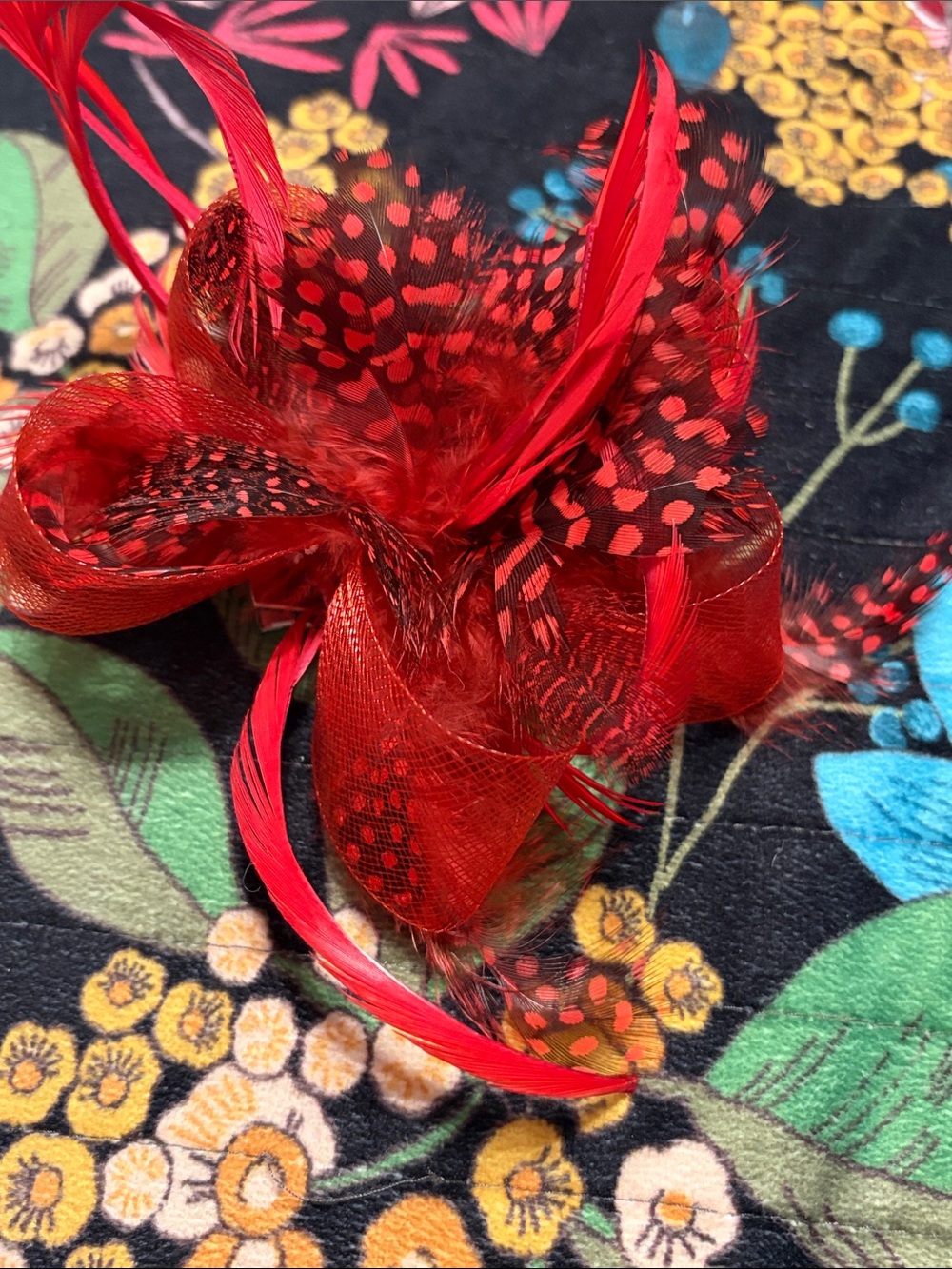 Red Black Feather Fascinator Floral Hair Clip or pin red mesh bow